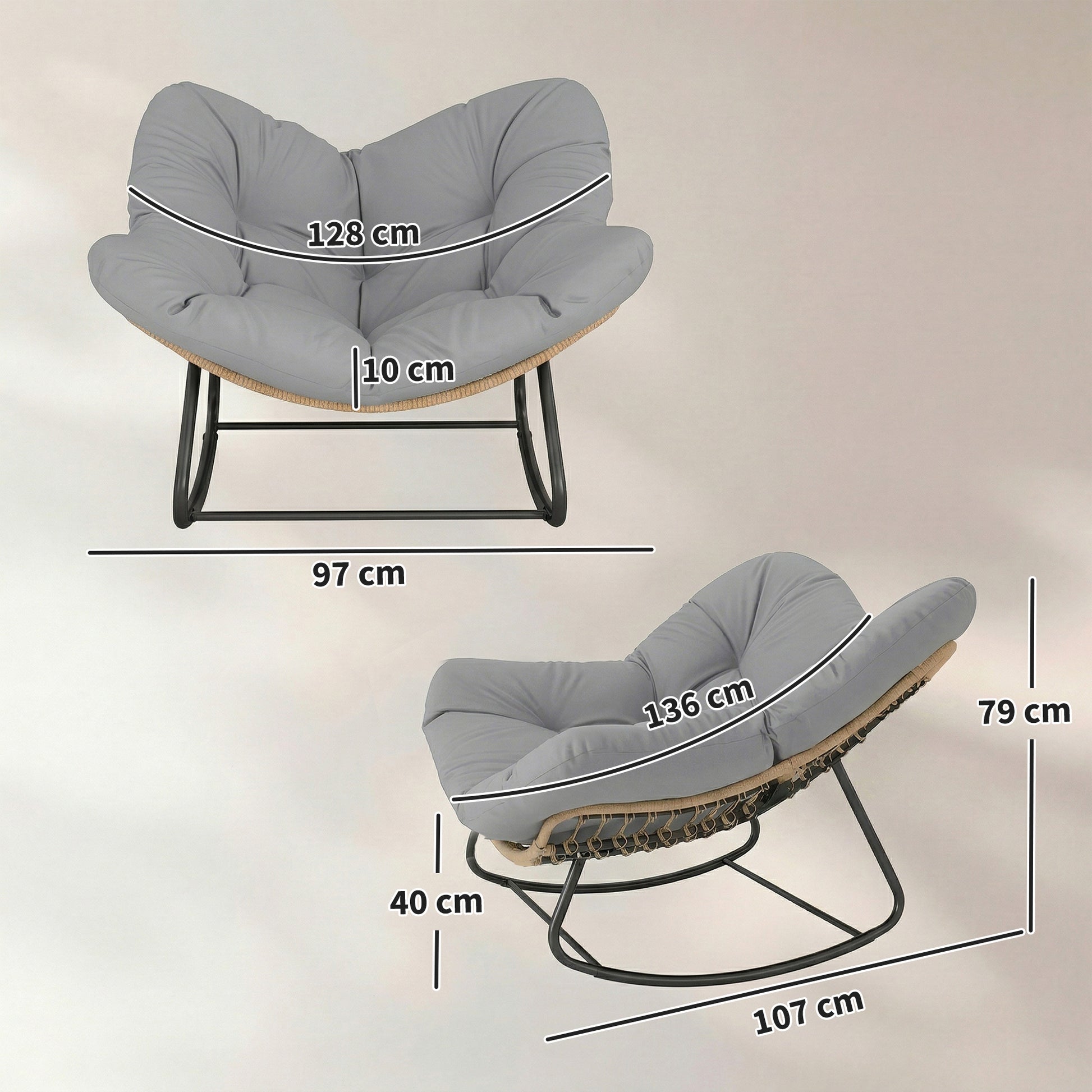 Outsunny Indoor Outdoor Rocking Chair, Oversized Rocking Egg Chair with Cushion for Living Room, Garden, Patio, Light Grey