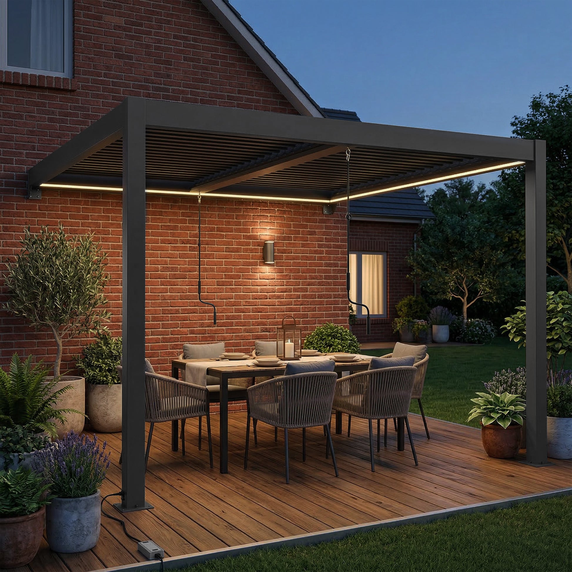3 x 3 m Louvered Pergola with LED Lights, Metal Louvres, Wall Mounted Aluminium Patio Gazebo Pergola