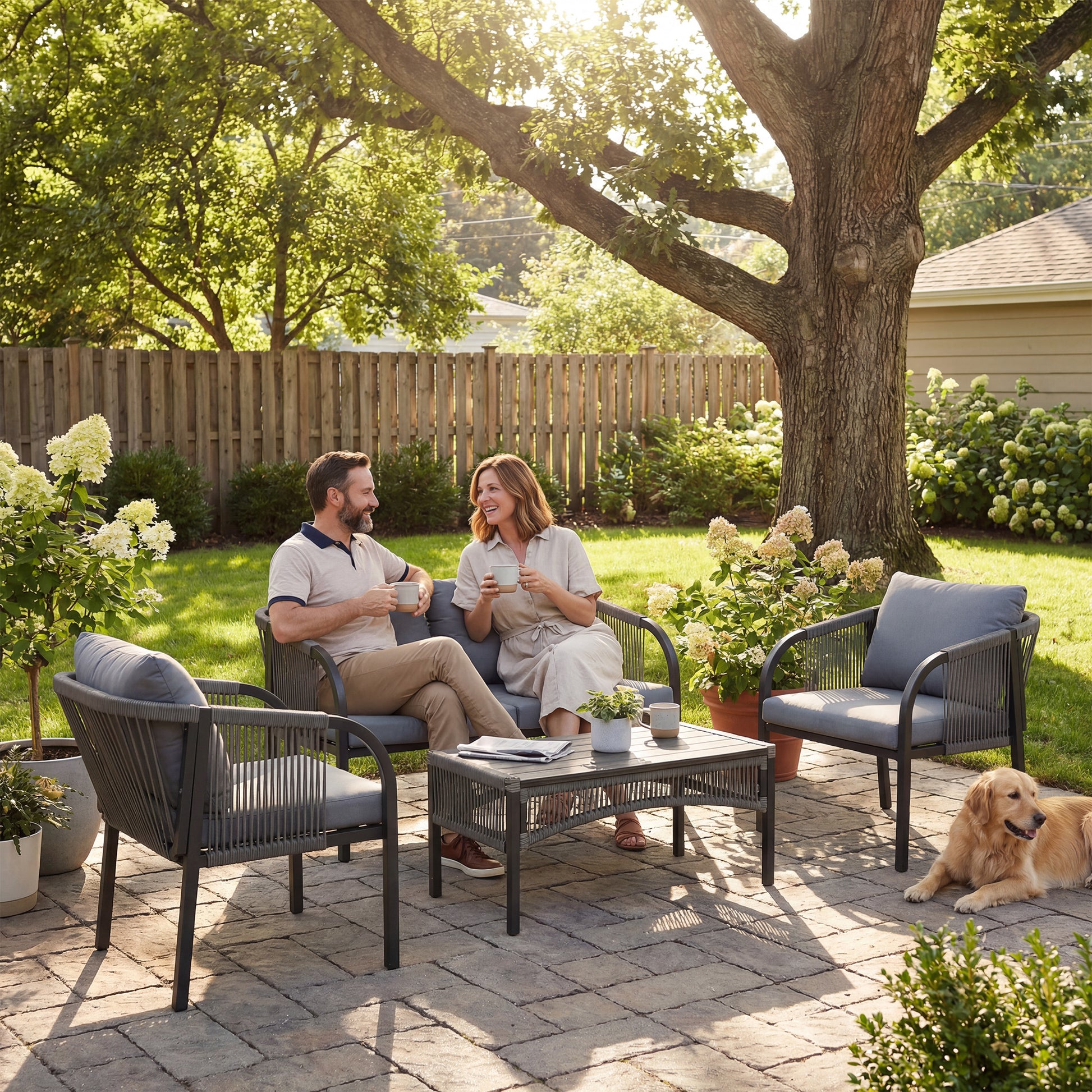 Riviera 4 Piece Rattan Garden Furniture Set with Loveseat, Armchairs, Table