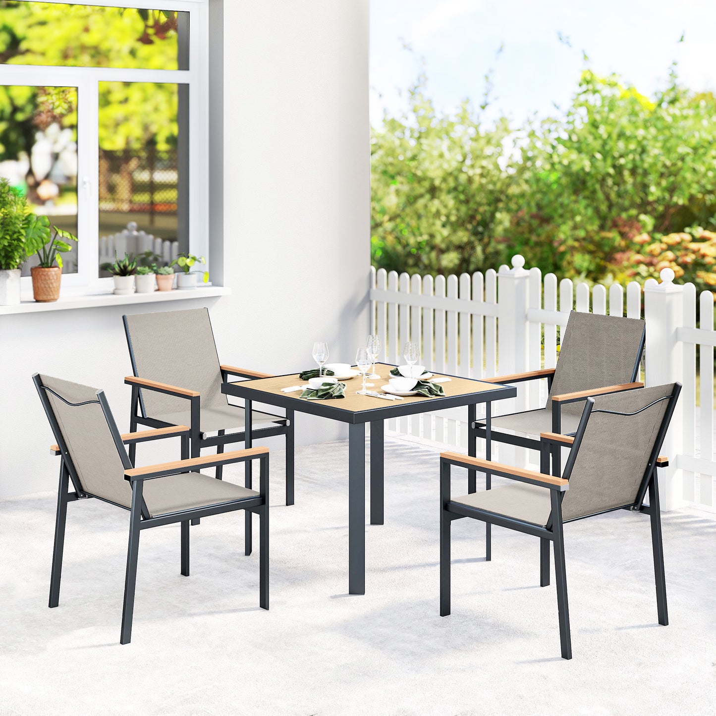 Riviera Five-Piece Metal Dining Set, with Glass-Top Table - Khaki