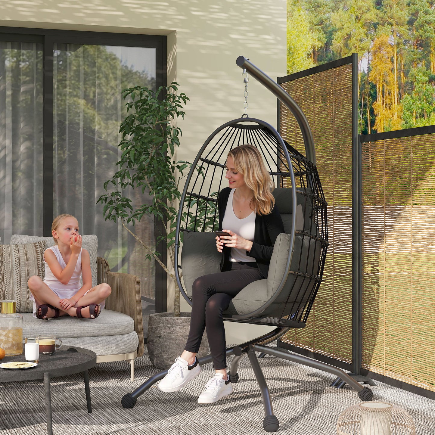 Riviera Hanging Egg Chair Garden Swing Chair with Folding Basket and Thickened Cushion, Hanging Chair with Stand