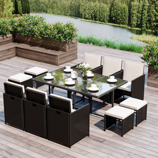 Portofino Rattan Dining Set Garden Furniture Patio set 11 PC with Cushion Black /Milk White