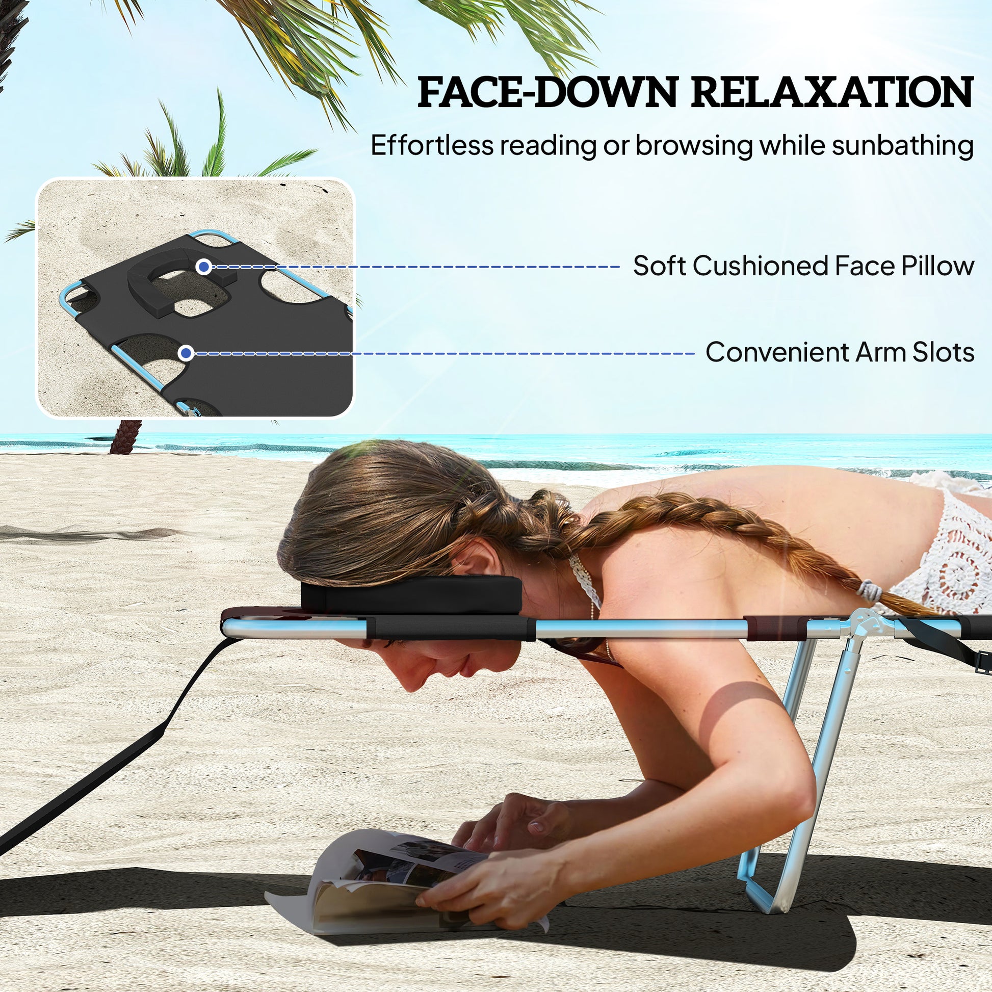 Outsunny Foldable Sun Lounger, Beach Chaise Lounge with Reading Hole, Arm Slots, 5-Position Adjustable Backrest, Side Pocket, Pillow for Garden, Beach, Camping, Black