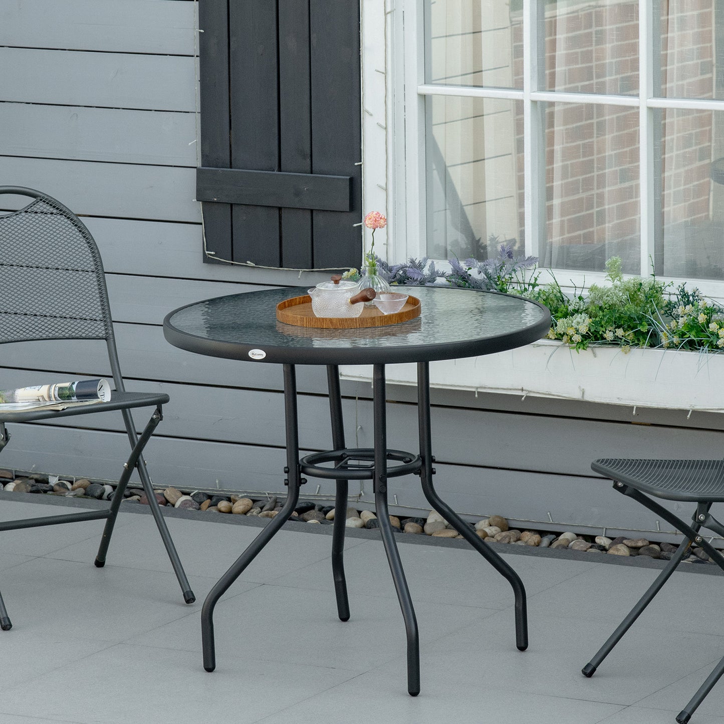 Marbella Outdoor φ80cm Round Dining Table Tempered Glass Top Steel Frame Bistro Coffee End Side Table Garden w/