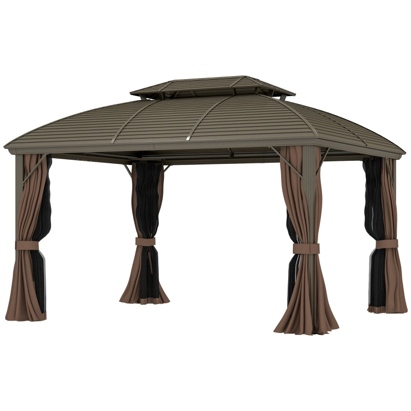 3.65m x 3m Coffee Hardtop Garden Gazebo with Steel Roof, Aluminium Frame, Double – Tier Canopy, Curtains & Mesh Sidewalls – Luxury Outdoor Pavilion...