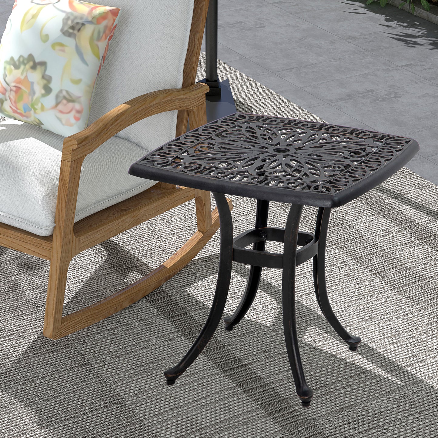 Marbella Cast Aluminium Bistro Table, Outdoor Square Side Table with Umbrella Hole, Garden Table for Balcony