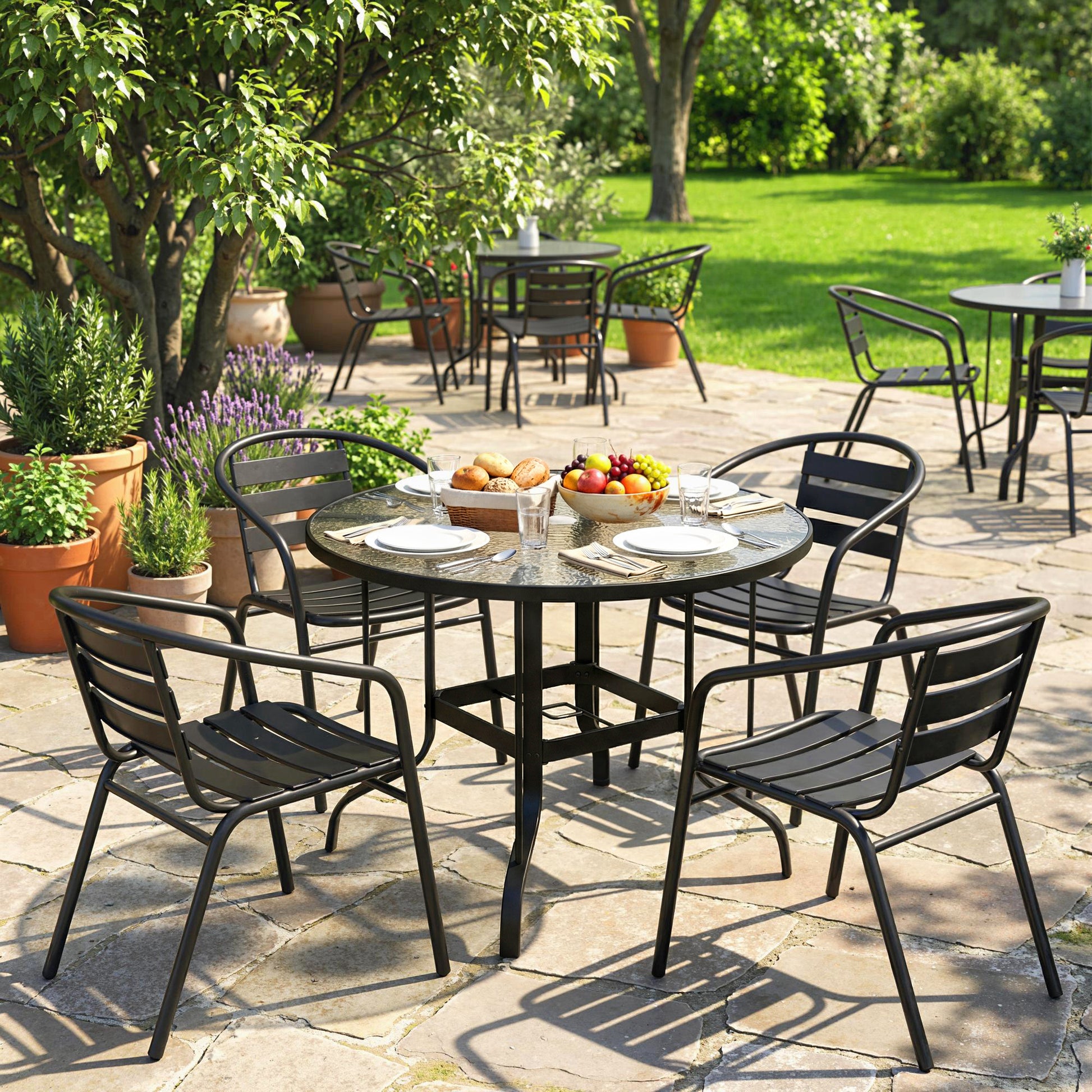 Santorini Tempered Glass Top Round Garden Dining Table with Parasol Hole, 96.5 x 96.5 x 71 cm