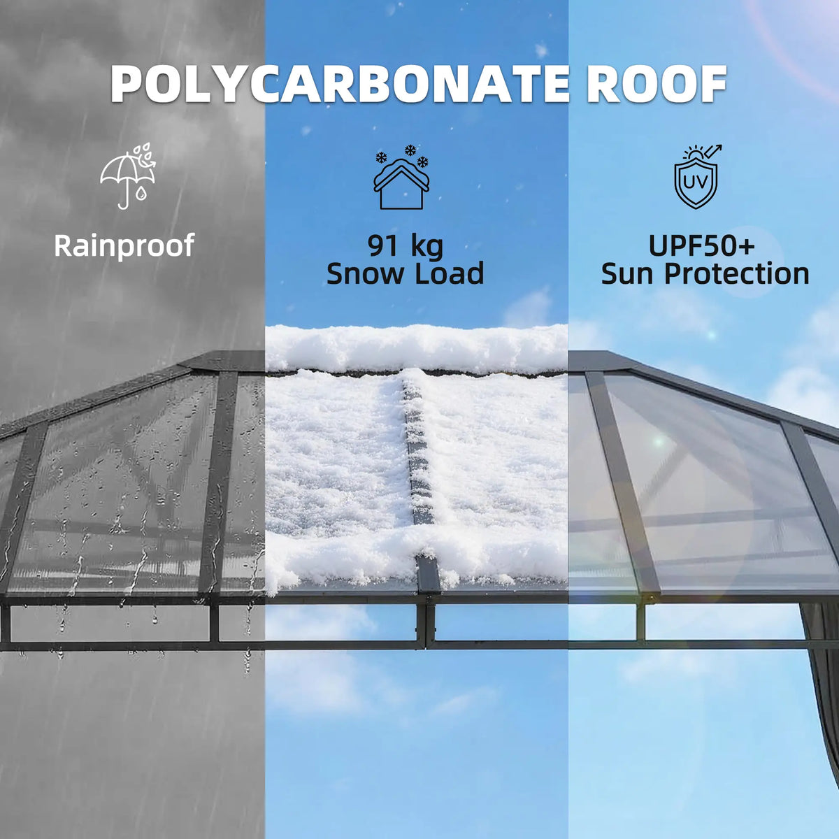 3m x 4m Hardtop Gazebo with 6mm Polycarbonate Roof, Aluminium Permanent Garden Pavilion with Curtains, Dark Grey Outdoor Patio Canopy for Sun, Rain...