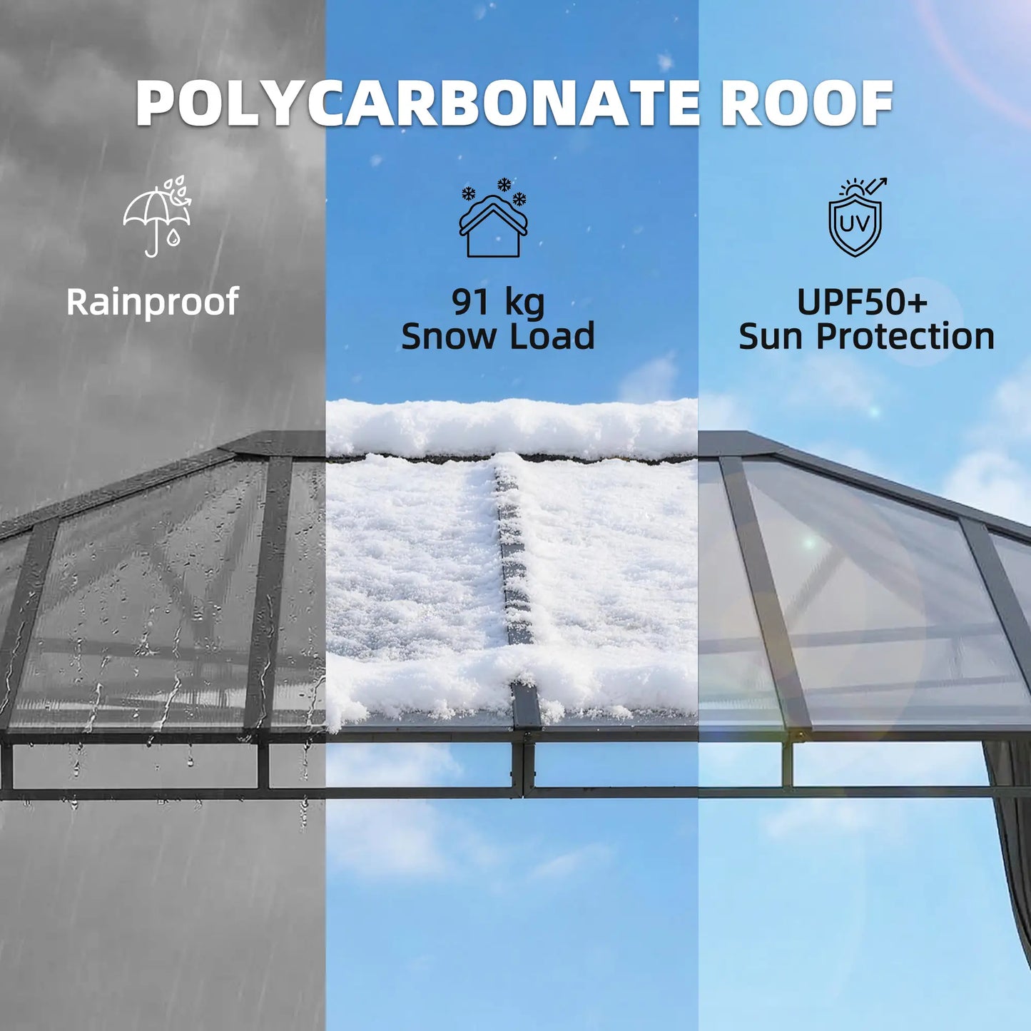 3m x 4m Hardtop Gazebo with 6mm Polycarbonate Roof, Aluminium Permanent Garden Pavilion with Curtains, Dark Grey Outdoor Patio Canopy for Sun, Rain...