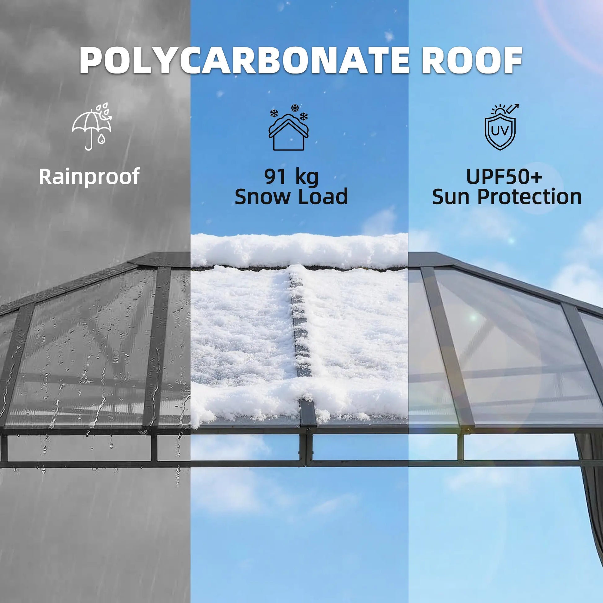 3m x 4m Hardtop Gazebo with 6mm Polycarbonate Roof, Aluminium Permanent Garden Pavilion with Curtains, Dark Grey Outdoor Patio Canopy for Sun, Rain...