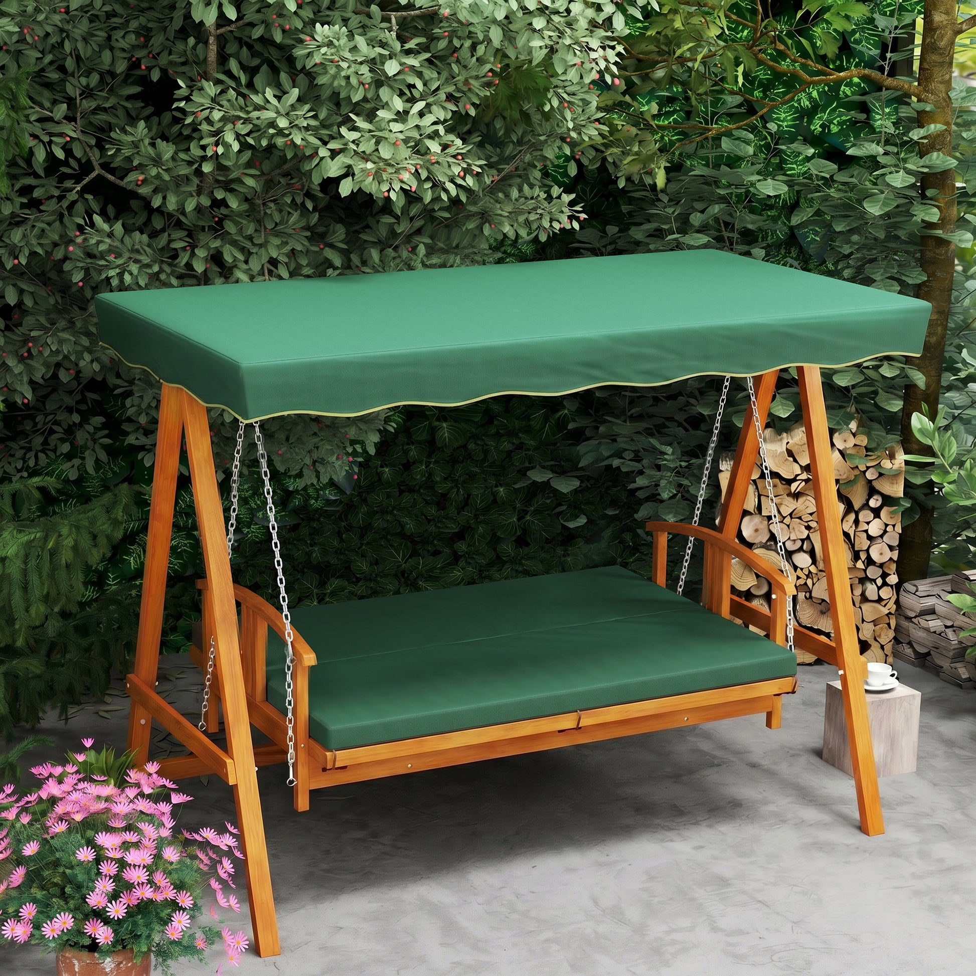 Outsunny 3 Seater 2-in-1 Wooden Garden Swing Seat Swing Chair, Outdoor Convertible Hammock Bench w/cushion, Furniture Lounger Bed, Dark Green