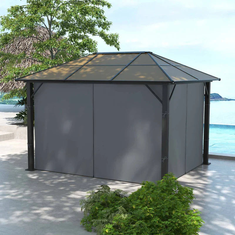 3m x 3.6m Aluminium Hardtop Gazebo - Polycarbonate Roof Garden Shelter with Privacy Curtains