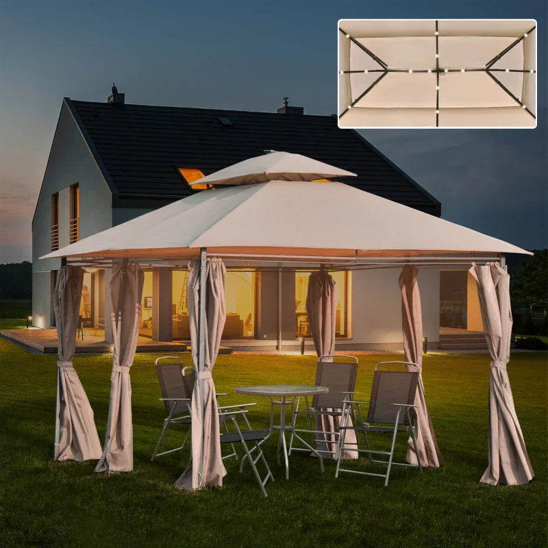 4m x 3m Garden Gazebo with LED Solar Lights - Double Tier Roof Outdoor Party Shelter with Curtains