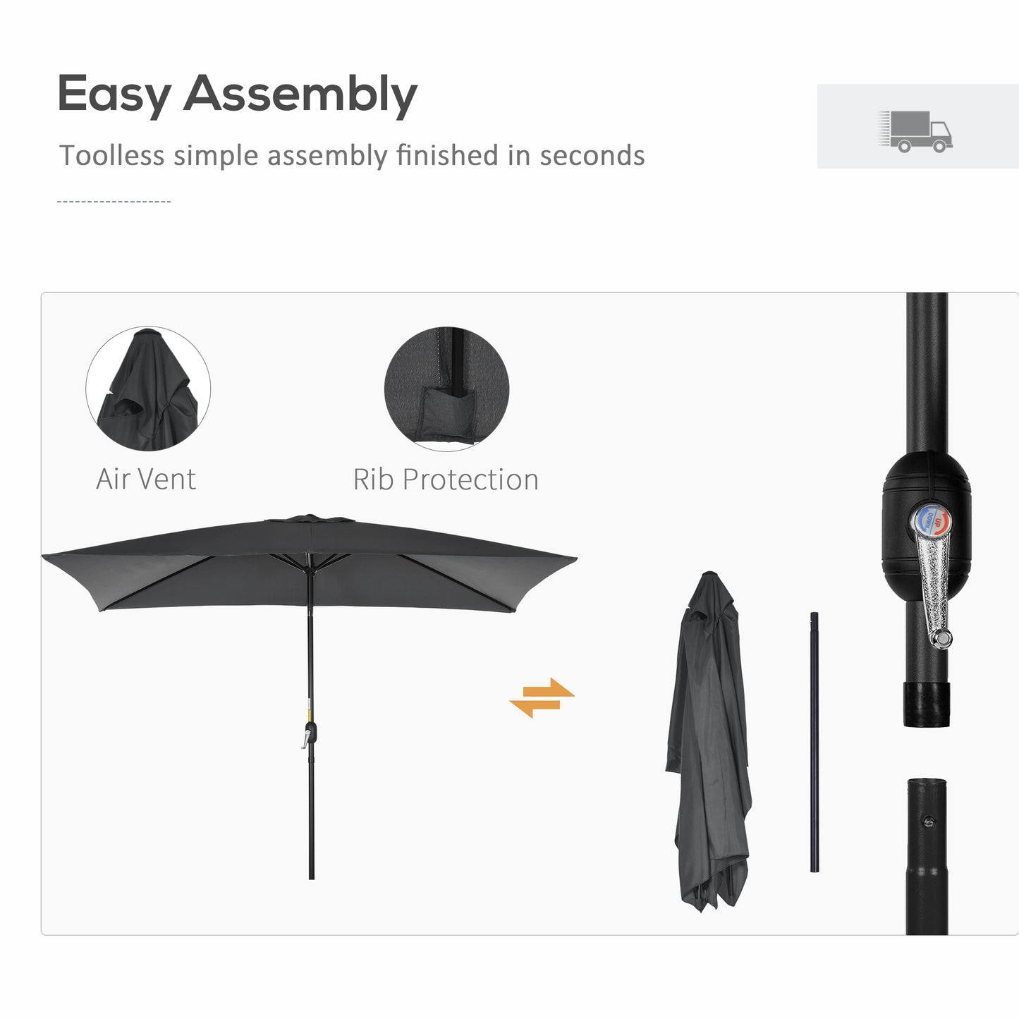 Outsunny 3x2m Garden Parasol Umbrella with Aluminium Pole, Tilt and Crank, Rectangular Outdoor Table Parasol Sun Shade for Patio, Black