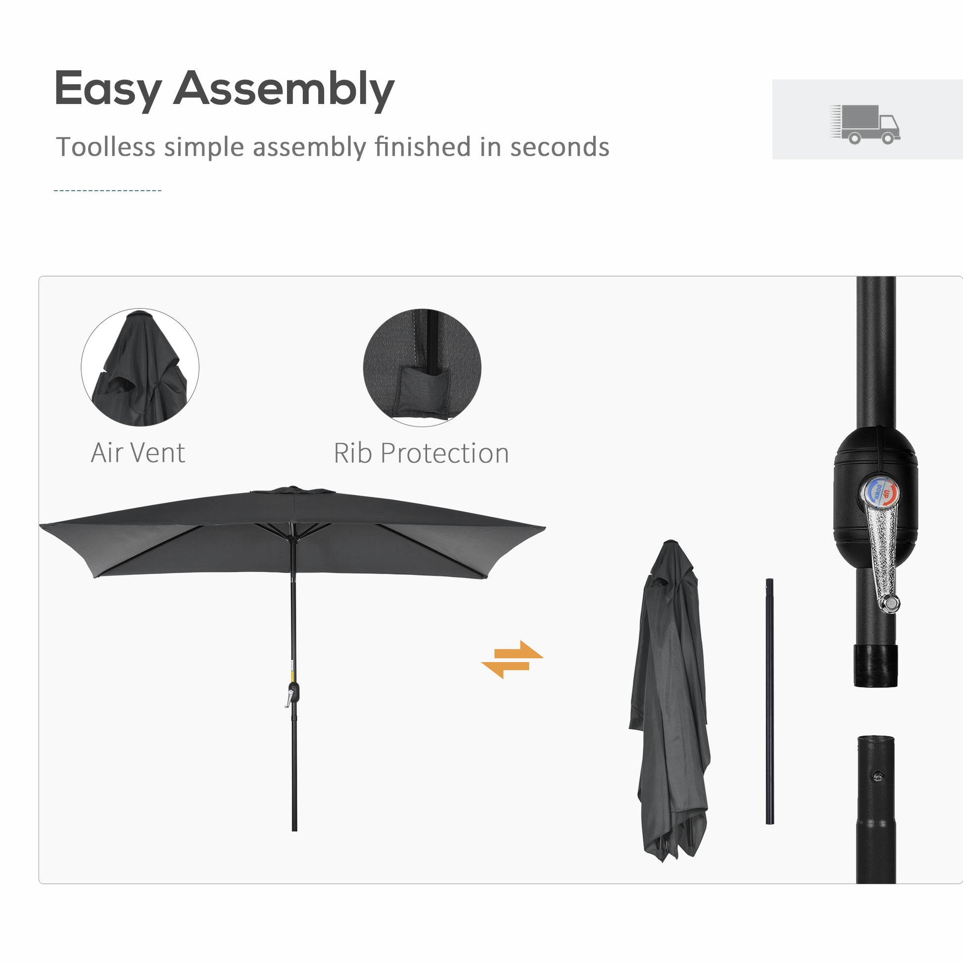 Outsunny 3x2m Garden Parasol Umbrella with Aluminium Pole, Tilt and Crank, Rectangular Outdoor Table Parasol Sun Shade for Patio, Black