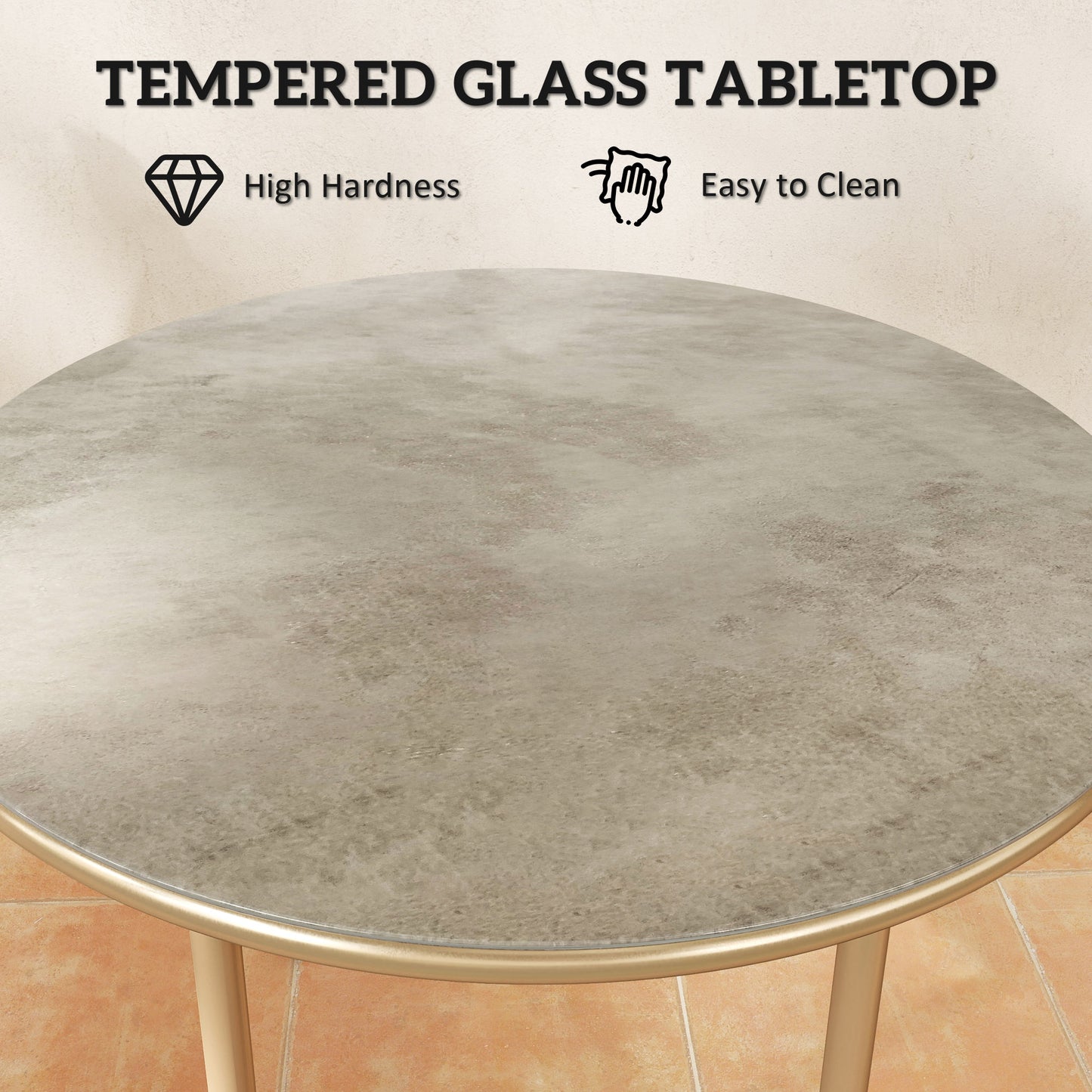 Outsunny Round Coffee Table, Modern End Side Table with Faux Marble Tempered Glass Top, Steel Frame for Living Room, Bedroom, Office, Beige