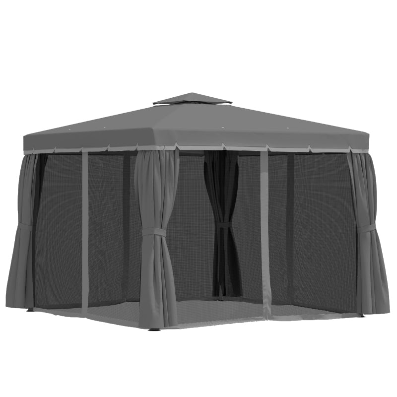 Grey 3x3m Garden Gazebo Pavilion with Aluminium Frame, Double – Tier Canopy, Curtains & Removable Insect Netting