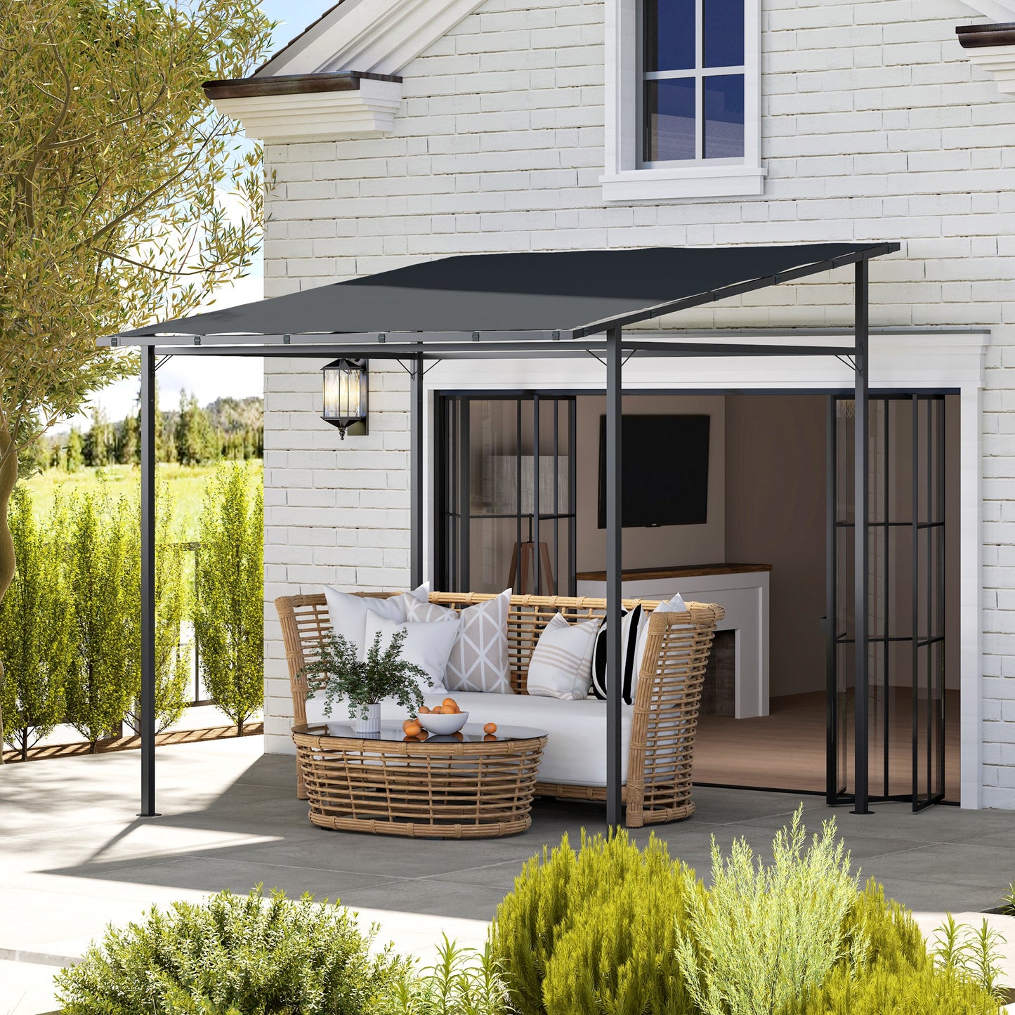 2.4 x 2.4 m Wall Mounted Pergola Gazebo with PA Coating Fabric and Metal Frame, UPF30+