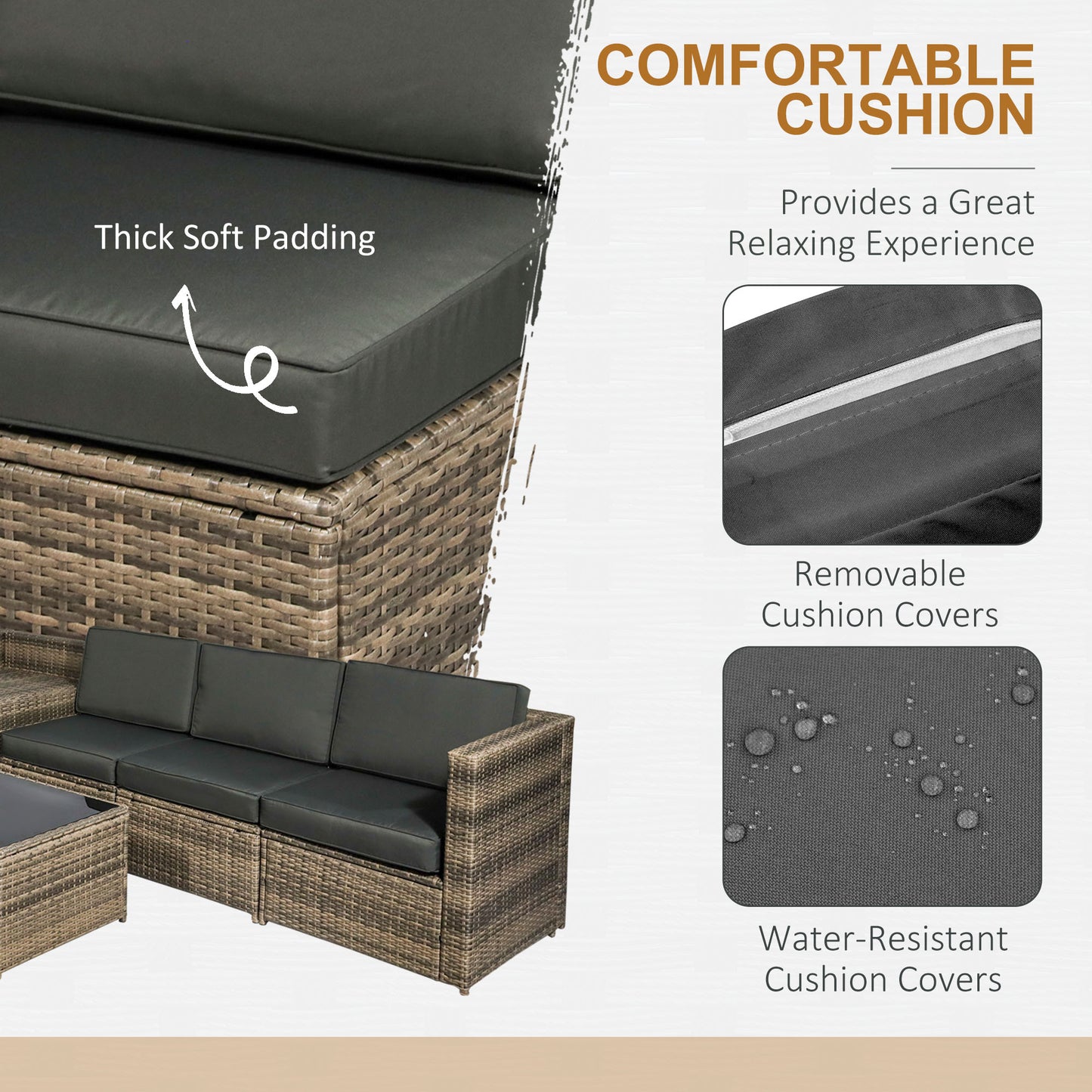 Outsunny 8 Pieces Outdoor PE Rattan Sofa Set with Cushions and Glass Top Coffee Table, Mixed Brown