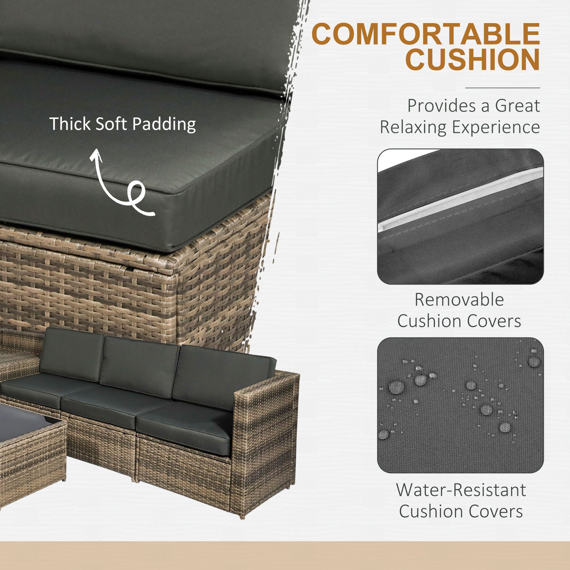 Outsunny 8 Pieces Outdoor PE Rattan Sofa Set with Cushions and Glass Top Coffee Table, Mixed Brown