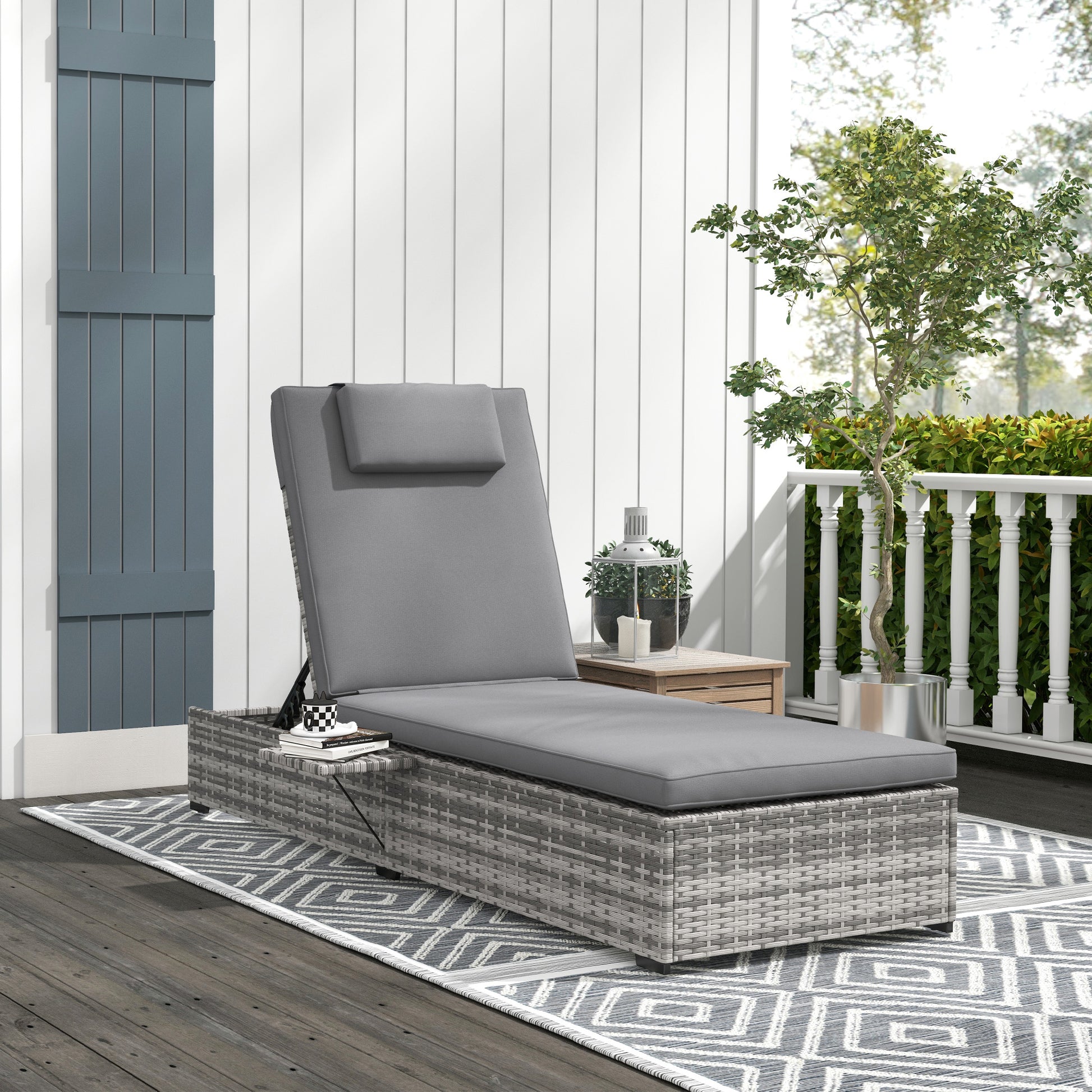 Verona Garden PE Rattan Lounger with Cushion, 5-Level Reclining Wicker Rattan Sun Lounger with Tea Tray