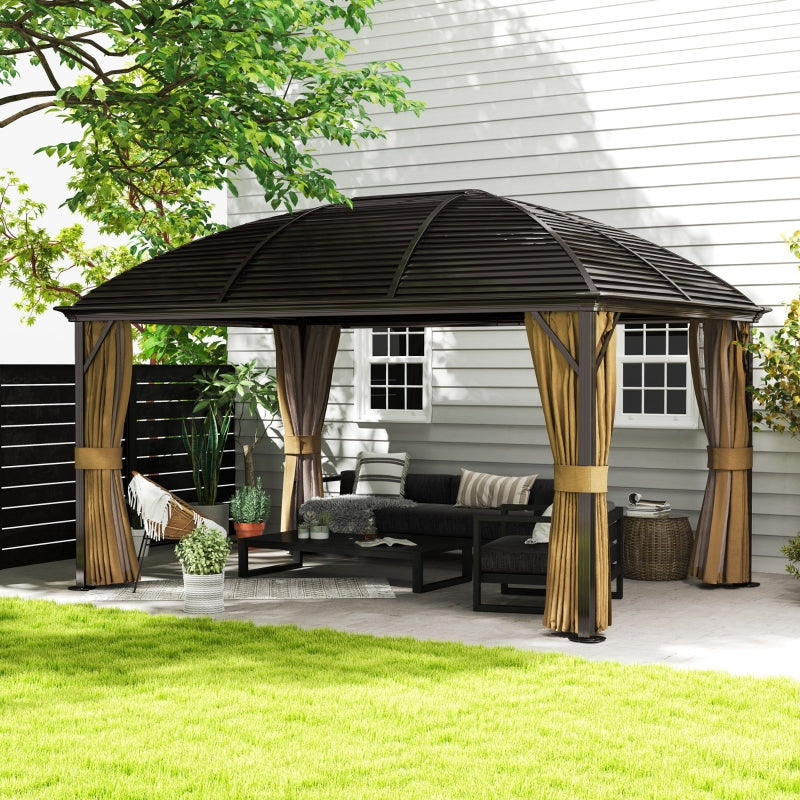 3m x 4m Brown Hardtop Garden Gazebo with Aluminium Frame, Steel Roof, Privacy Curtains & Mosquito Netting – Premium Outdoor Pavilion Shelter