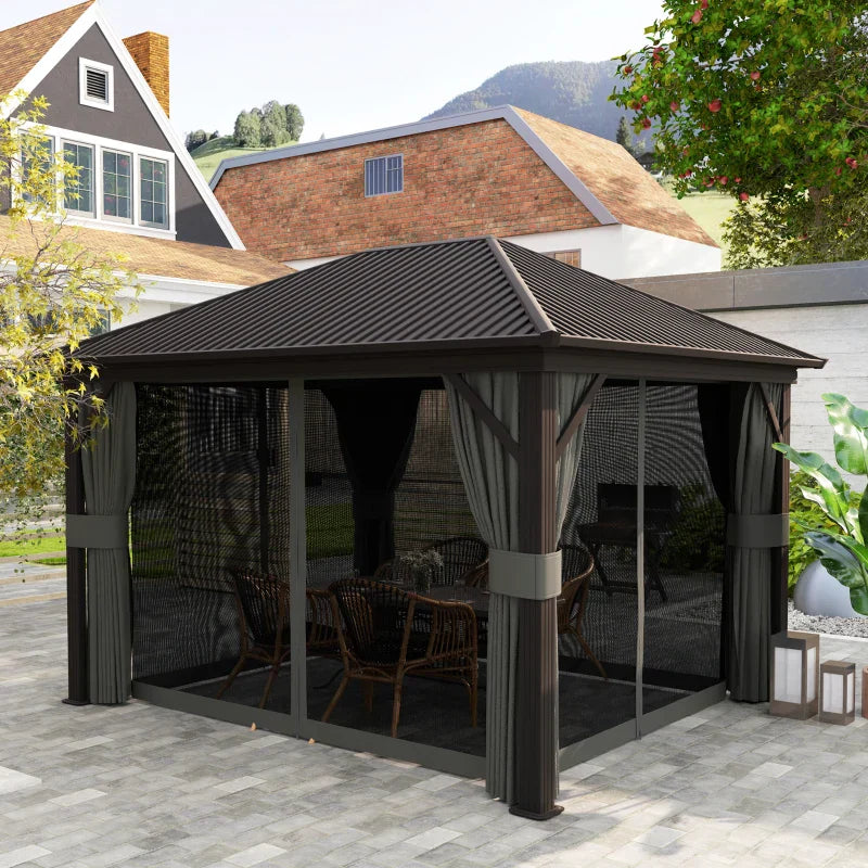 3.6m x 3m Dark Grey Hardtop Garden Gazebo with Aluminium Frame, Metal Roof, Privacy Curtains & Insect Mesh Panels