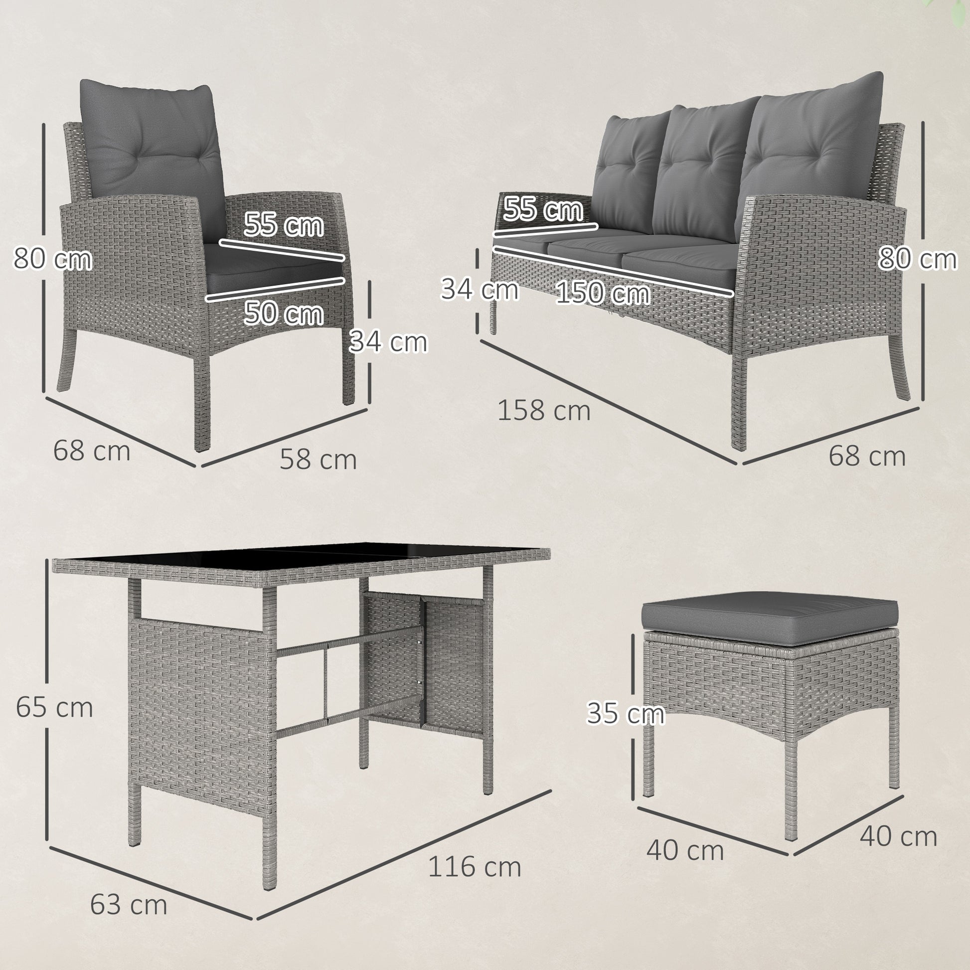 Outsunny 7 Seater Rattan Garden Furniture Set, 6 Piece Patio Dining Set, Armchairs, 3-Seater Sofa, Footstools, Glass Dining Table, Cushions, Wicker Outdoor Furniture for Conservatory Patio, Grey