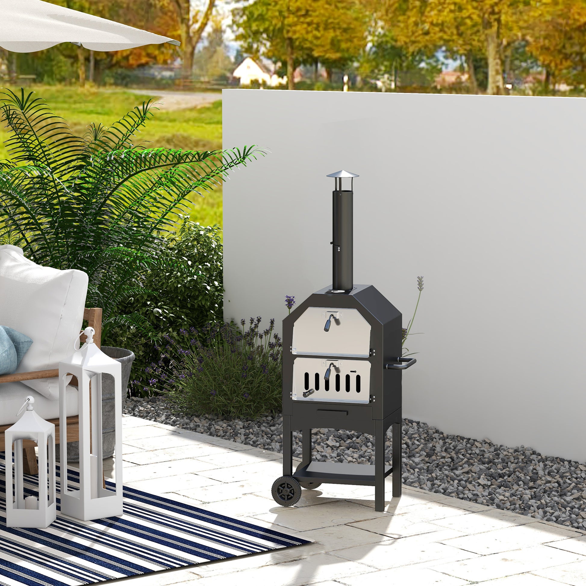 Garden Pizza Oven Charcoal BBQ 3-Tier Freestanding w/ Chimney, Mesh Shelf, Thermometer Handles