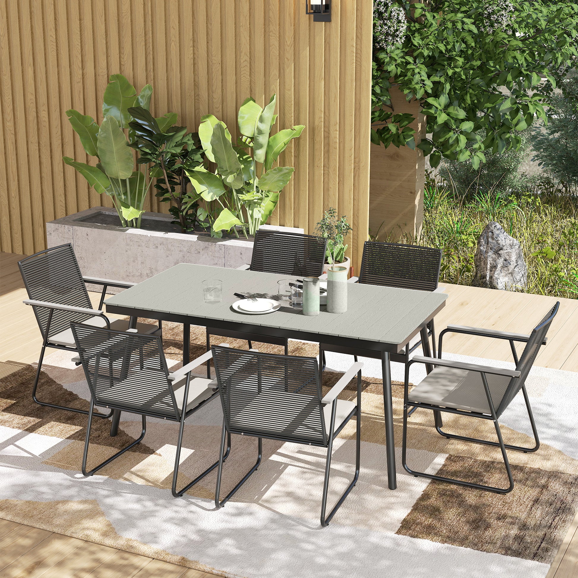 6‑Seater Garden Dining Set with Cushions, Rattan Backrest, Plastic Top, Garden Furniture Set, Grey