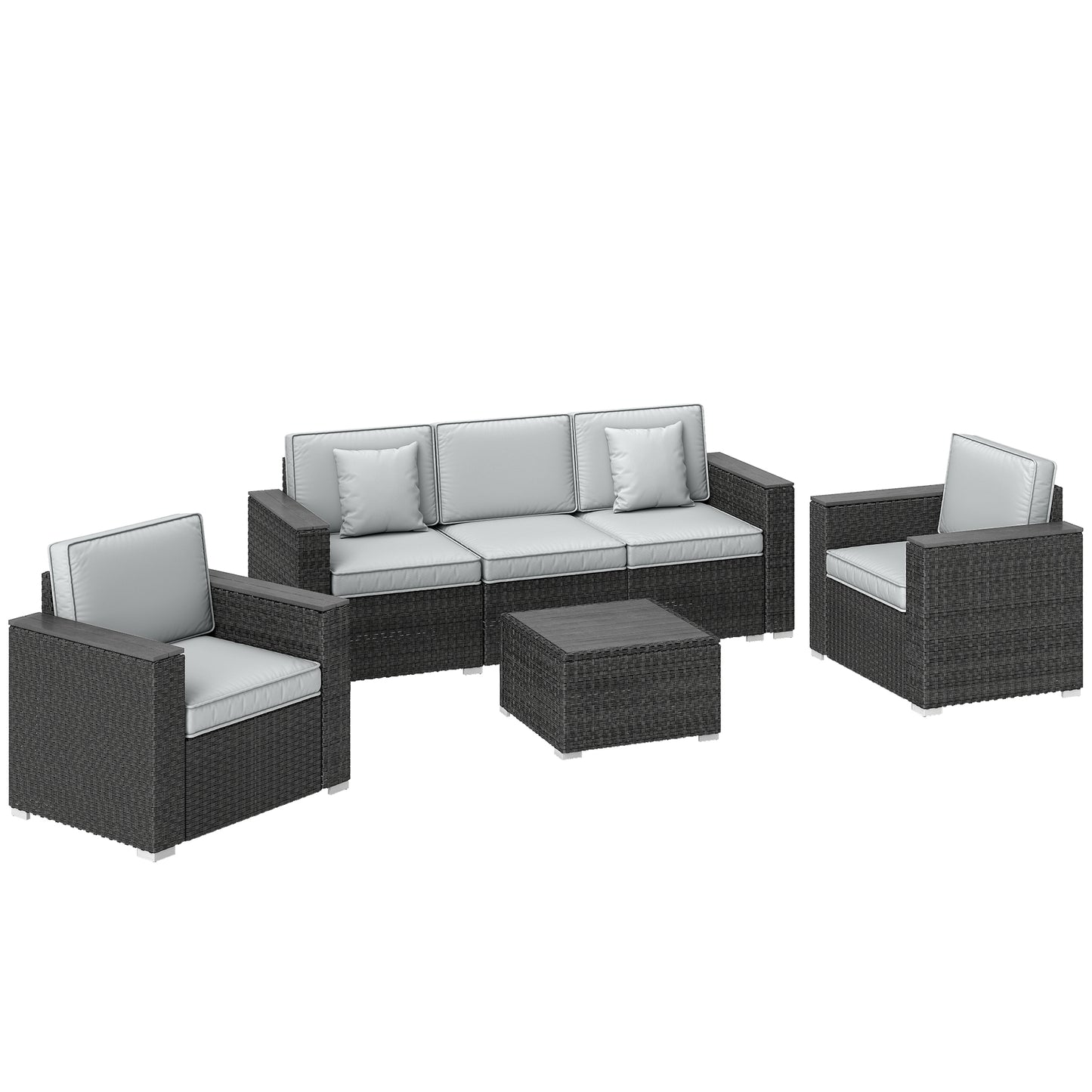 Outsunny 5 Seater Rattan Garden Furniture Set with Wide Armrests, Cushions, Pillows for Patio, Dark Grey