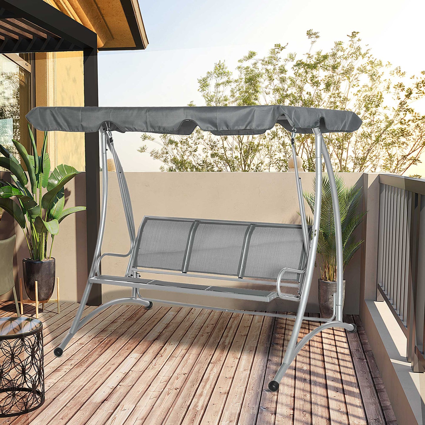Riviera Three Person Steel Outdoor Porch Swing Chair Bench w/ Canopy Cover Grey