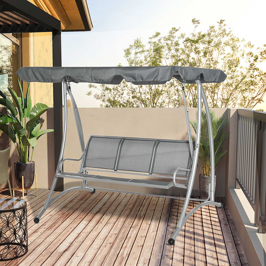 Riviera Three Person Steel Outdoor Porch Swing Chair Bench w/ Canopy Cover Grey