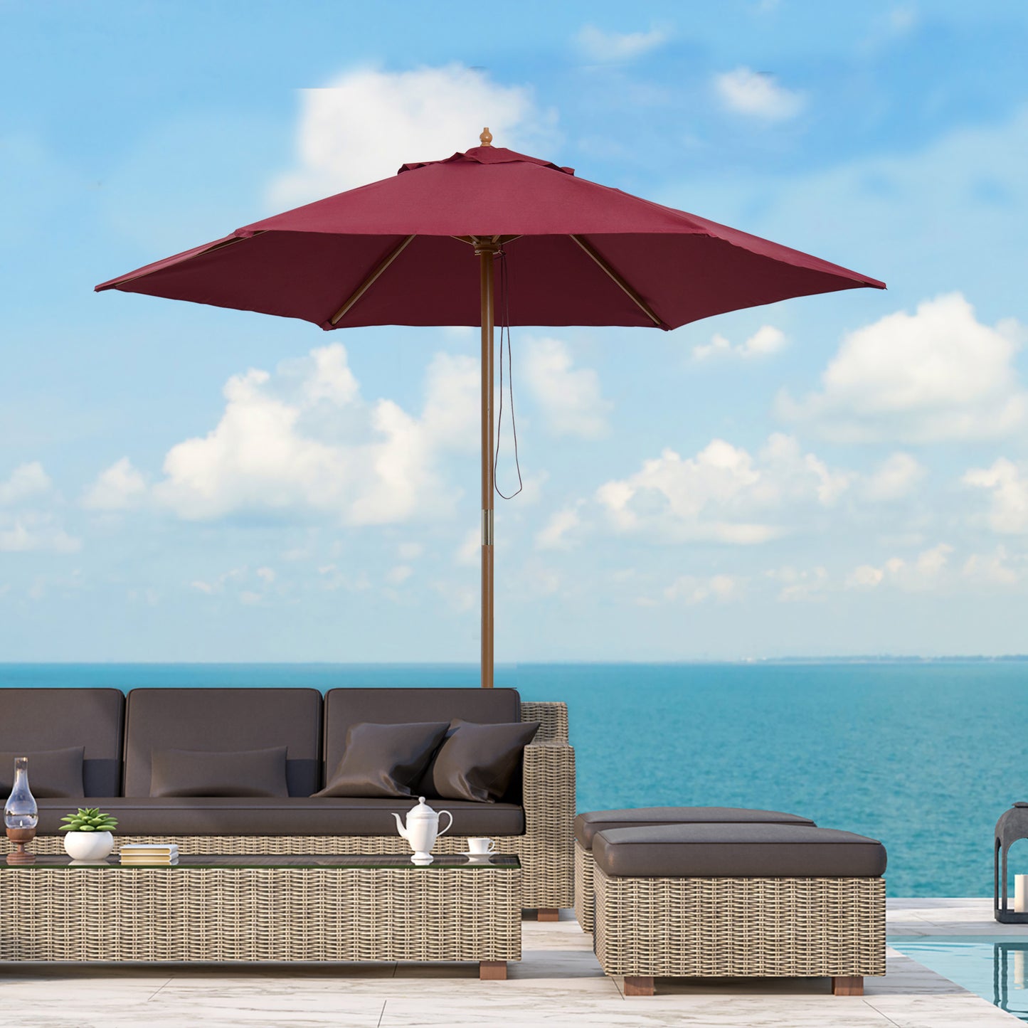 2.5m Wood Garden Parasol Sun Shade Patio Outdoor Wooden Umbrella Canopy Wine Red