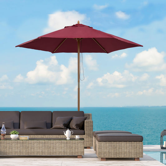 2.5m Wood Garden Parasol Sun Shade Patio Outdoor Wooden Umbrella Canopy Wine Red