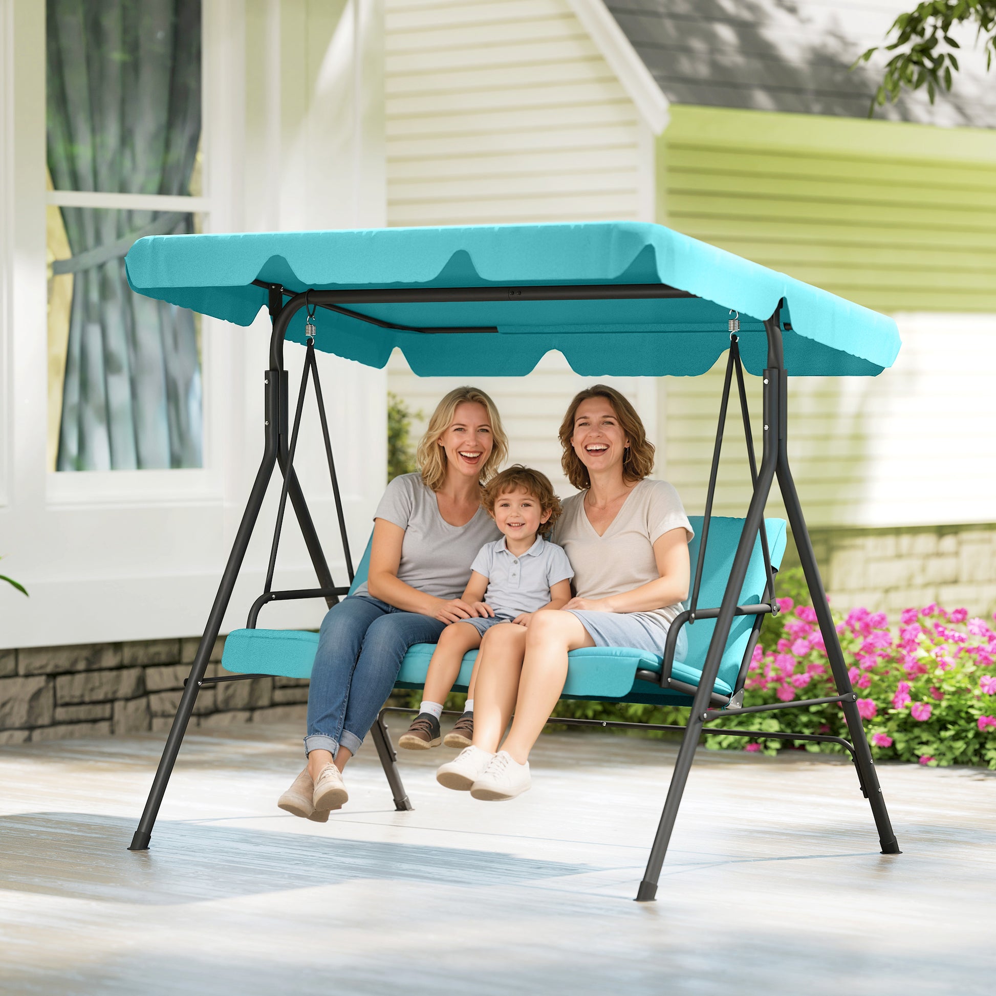Outsunny Three-Seater Garden Swing Chair, with Adjustable Canopy - Teal