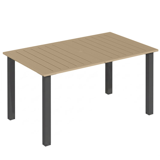 Outsunny Garden Dining Table for 6 with Parasol Hole, Rectangle Outdoor Garden Table with Slatted Metal Top, Steel Frame, Brown