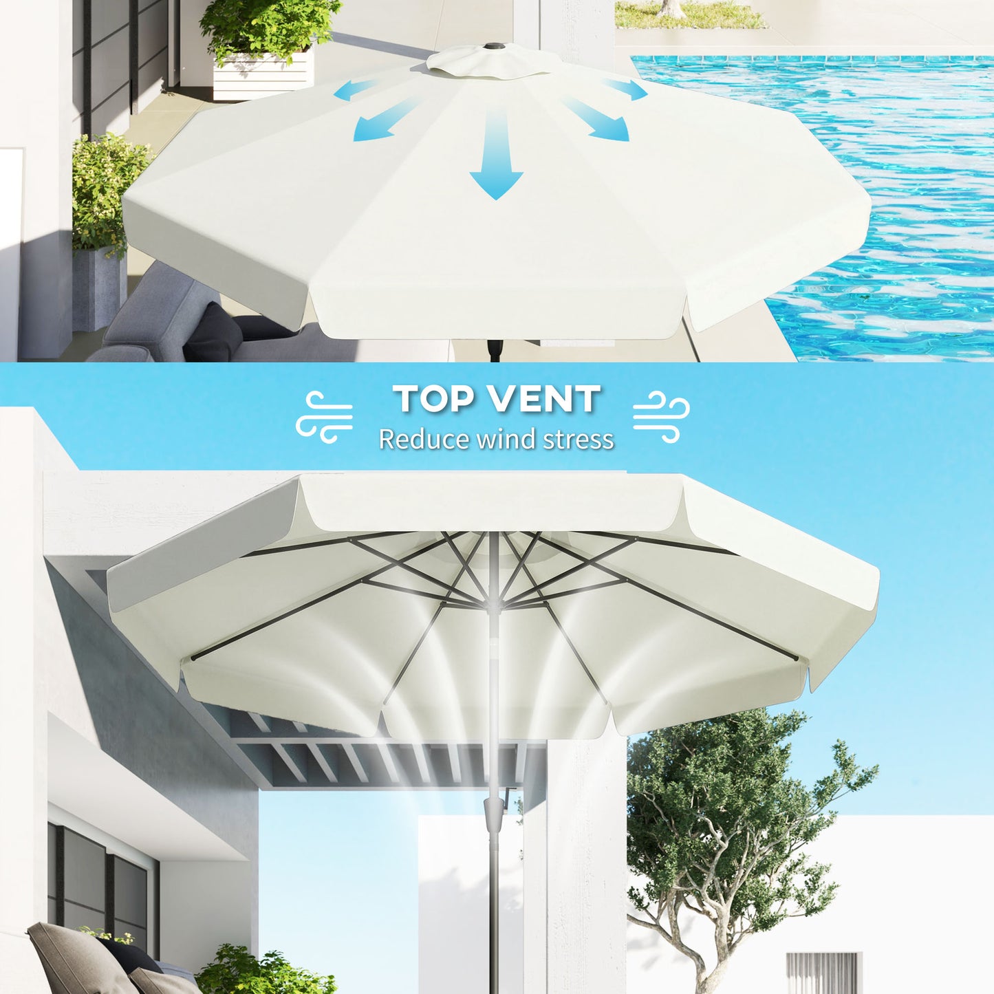 Outsunny 2.7m Patio Parasol Garden Umbrellas with Aluminium Pole, UPF 50+ Outdoor Sun Shade Table Umbrella with Tilt, Crank, 8 Ribs, Ruffles, White