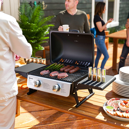 Two-Burner Compact Gas Grill with 2 Folding Side Shelves - Black