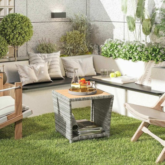 Side Table 2-Tier Outdoor Coffee Table with Storage Shelf PS Wood Slat Top/Light Grey