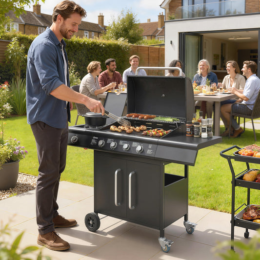 4+1 Burner Gas BBQ with Storage Cabinet, 15.2 kW Gas Barbecue Trolley with Side Table, 4 Wheels