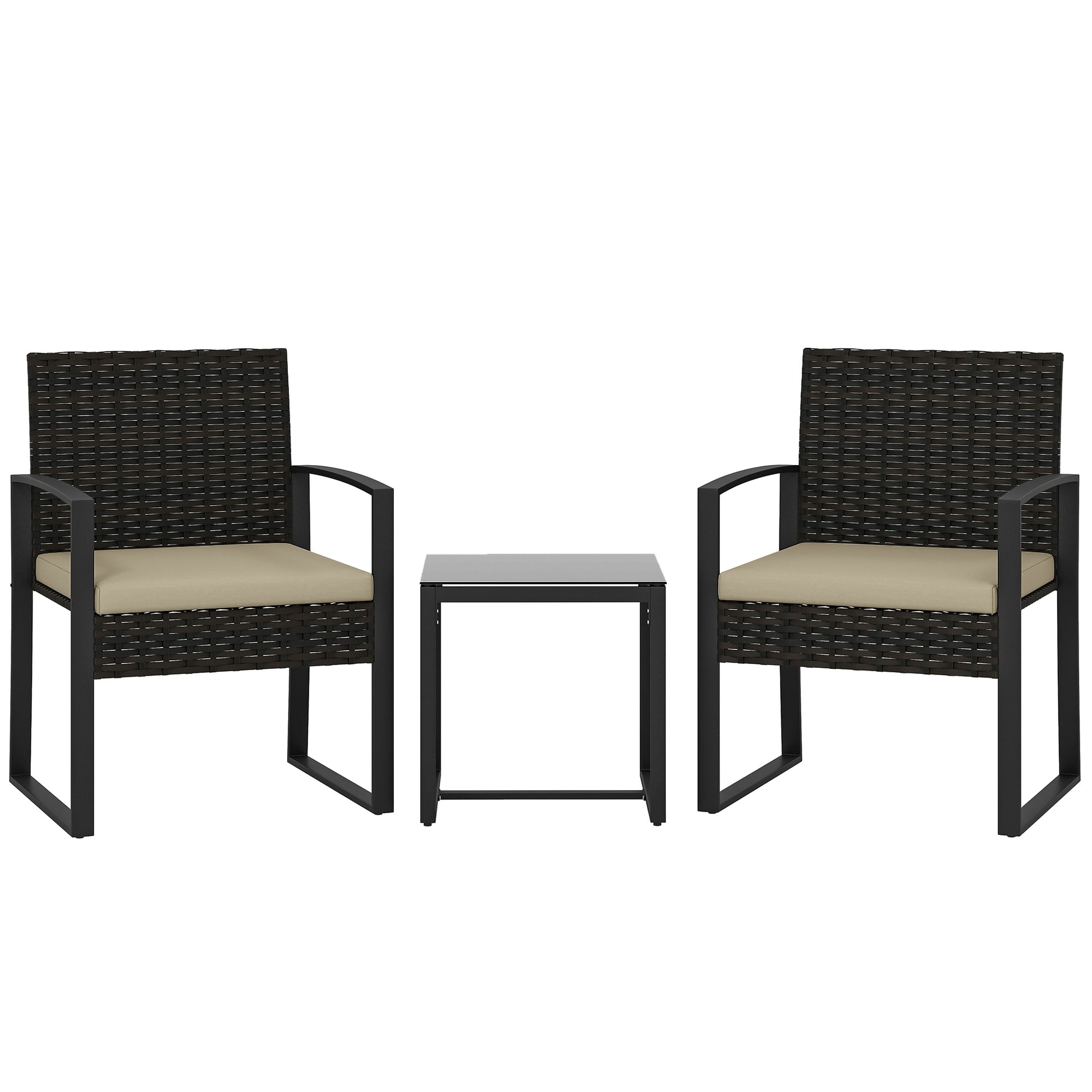 Outsunny Rattan Bistro Set, 3 Piece Garden Furniture Set with Glass Top Table and Cushions, Khaki