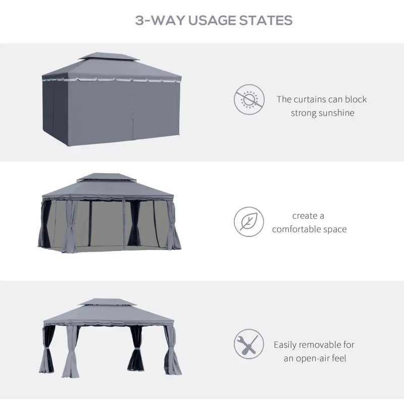 3.9m x 2.9m Dark Grey Aluminium Garden Pavilion – Double Roof Gazebo Canopy with Privacy Curtains, Insect Mesh Netting & Party Shelter Tent