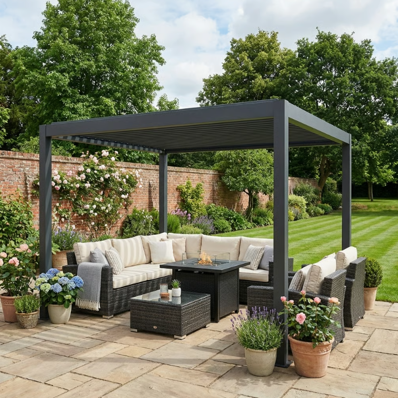 3m x 3m Dark Grey Motorised Aluminium Pergola with Remote – Controlled Louvered Roof, LED Lighting & Integrated Rainwater Drainage System