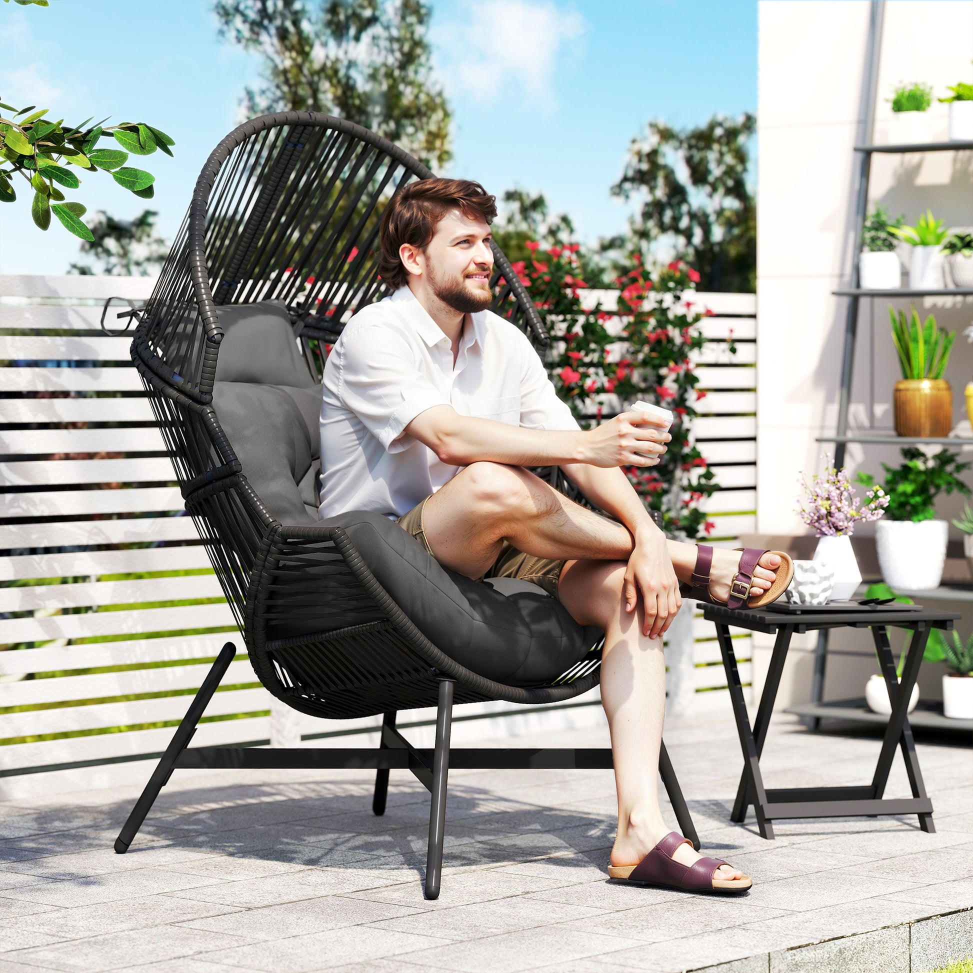 Sorrento Rattan Egg Chair, Oversized Freestanding Garden Egg Chair with Thick Tufted Cushion, Headrest