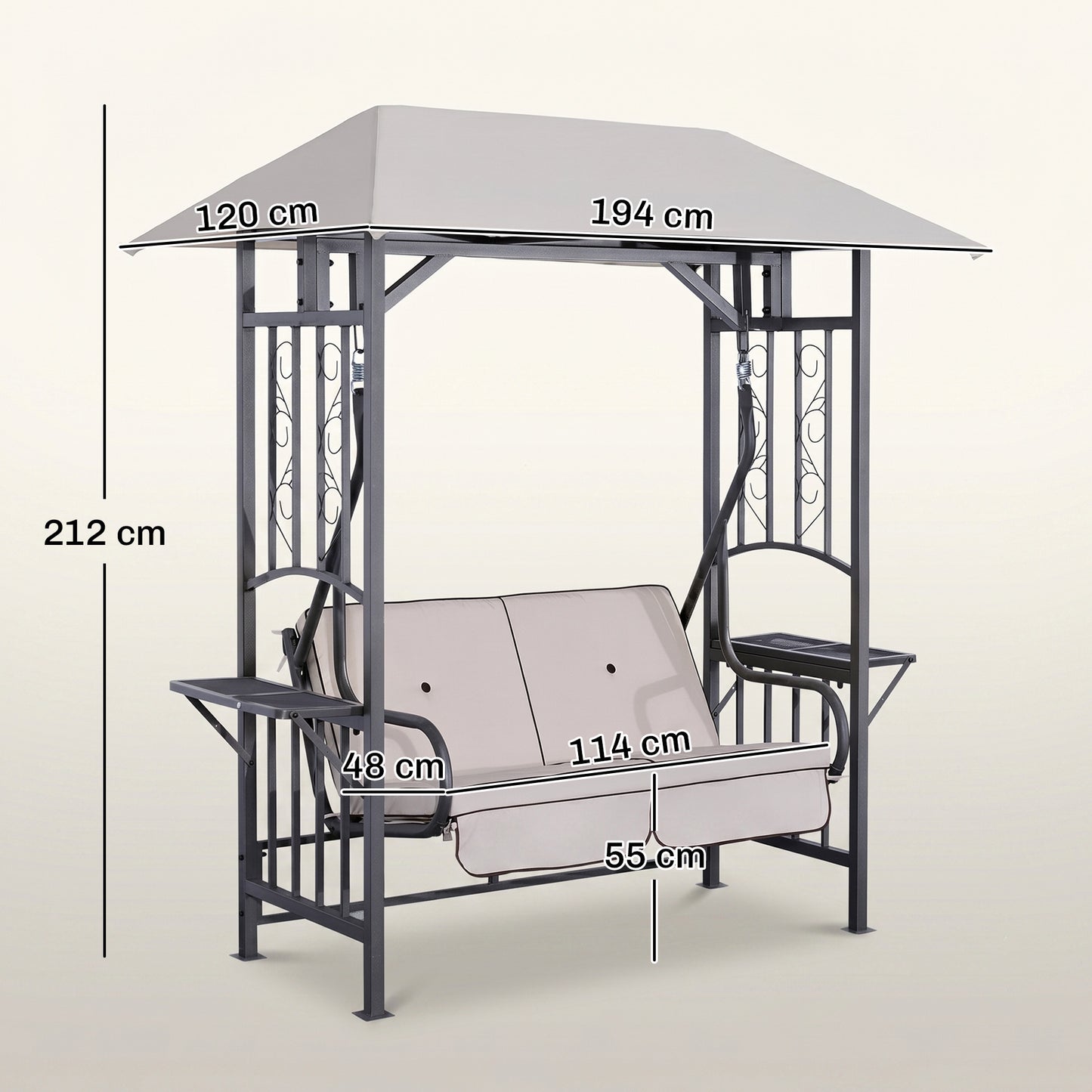 Outsunny Outdoor Garden 2 Seater Canopy Swing Chair Seat Porch Loveseat Vintage Hammock Cushioned Seat w/ Steel Frame and Side Drink Panel, Beige