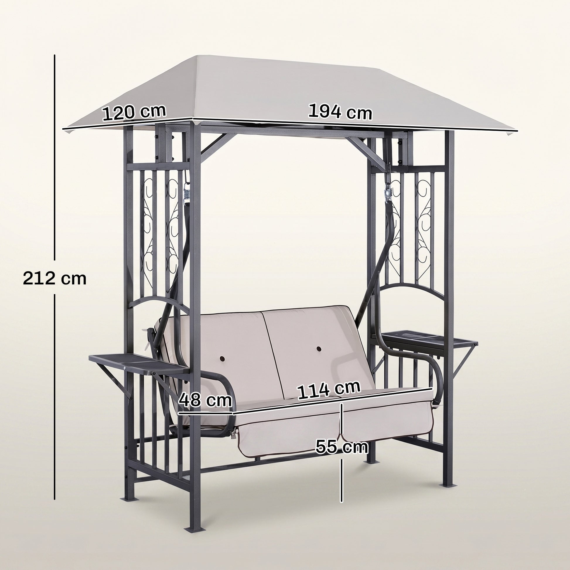 Outsunny Outdoor Garden 2 Seater Canopy Swing Chair Seat Porch Loveseat Vintage Hammock Cushioned Seat w/ Steel Frame and Side Drink Panel, Beige