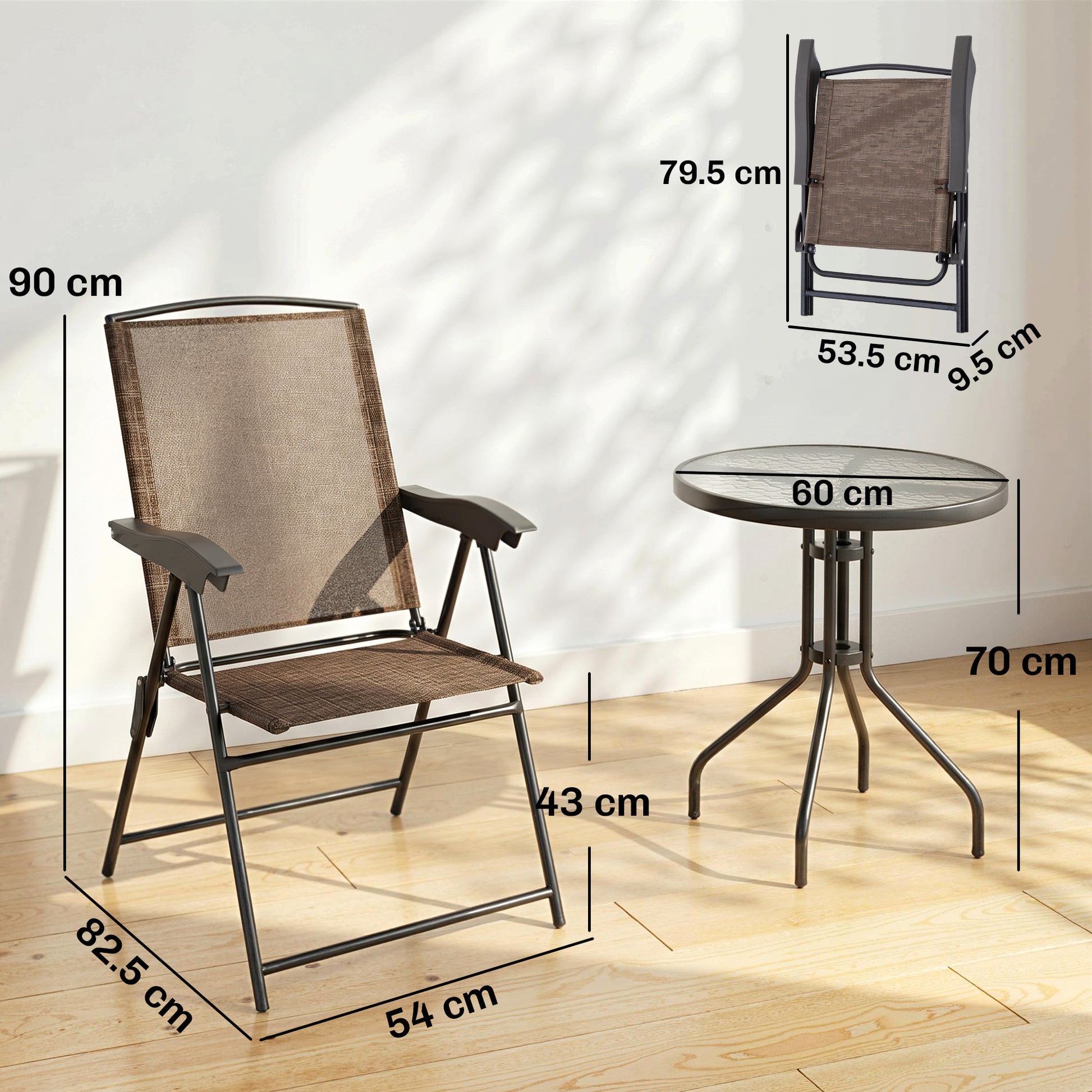 Outsunny 3 Piece Outdoor Bistro Set, Patio Conversation Furniture Set with 2 Folding Backrest Adjustable Armchairs and Glass Top Coffee Table, Brown