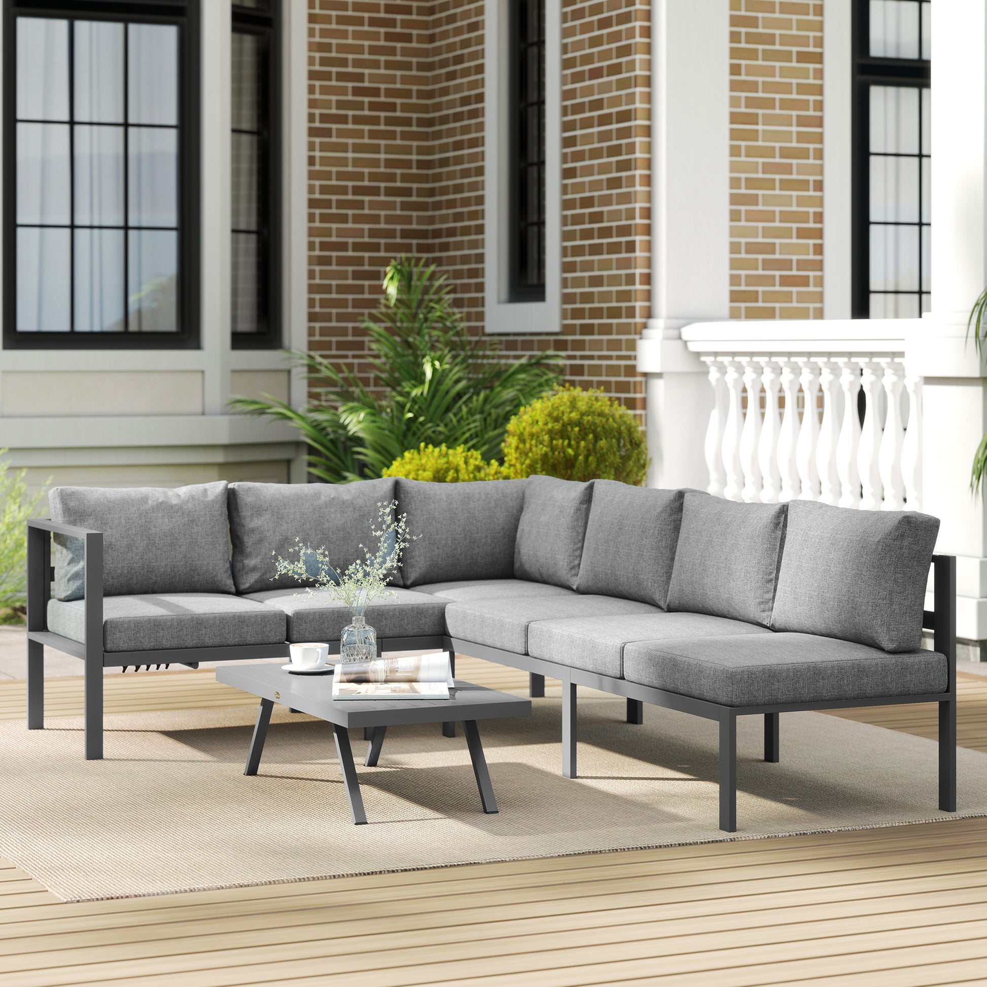 Santorini 3 Piece Garden Furniture Set, Aluminium Corner Lounge Set with Adjustable Backrest, Grey