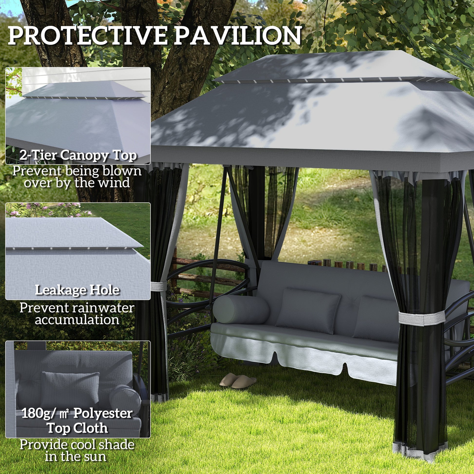 Outsunny 3 Seater Swing Chair Hammock Gazebo Lounger Cushioned Seat Waterproof Grey
